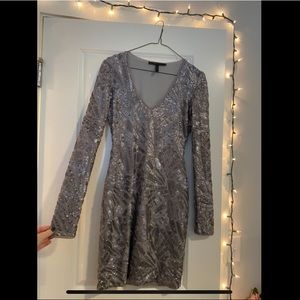 BCBG silver sequin long sleeve dress